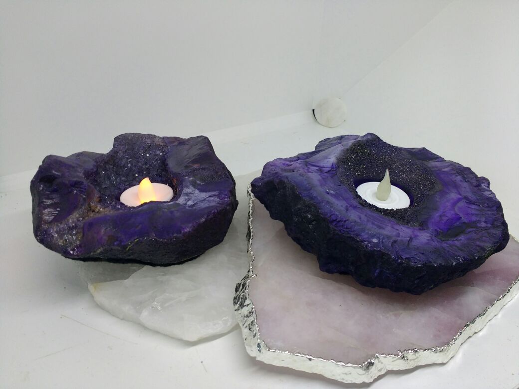 Stones from Uruguay - Purple Dyed Rough Agate Druzy Candle Holder