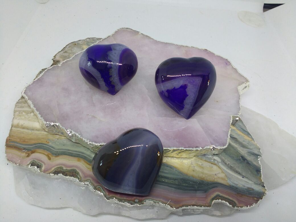 Stones from Uruguay - Purple Dyed Agate Crystal Hearts for Decor Home