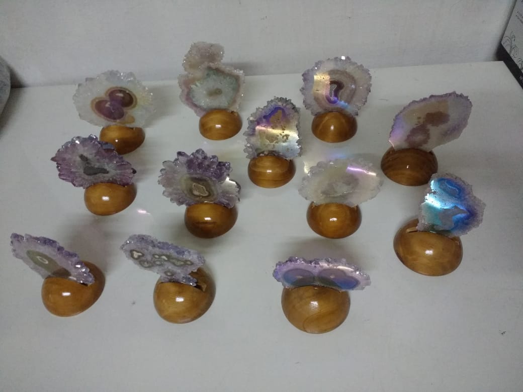 Stones from Uruguay - Angel Aura Titanium Coated Amethyst Stalactite Slices with Wooden Base (Decoration, Gift, Reiki Grids and Home)