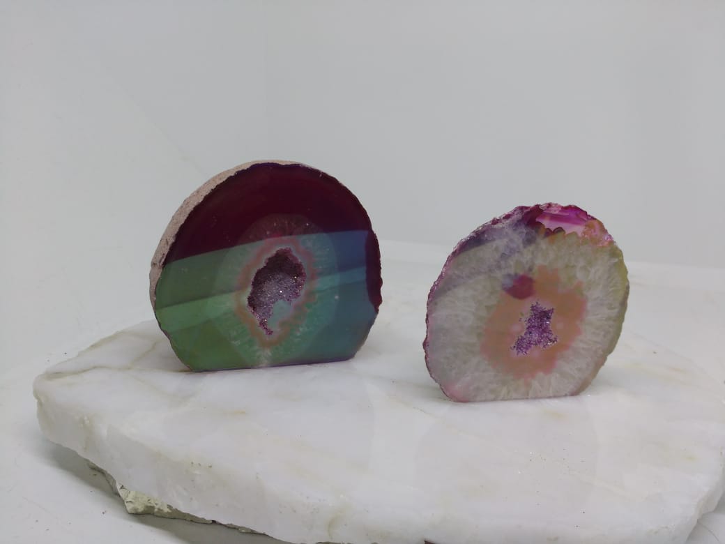 Stones from Uruguay - Pink Dyed, Angel Aura Titanium Coated Agate Geode Cut Base for Gift, Meditation, Spiritual Practices