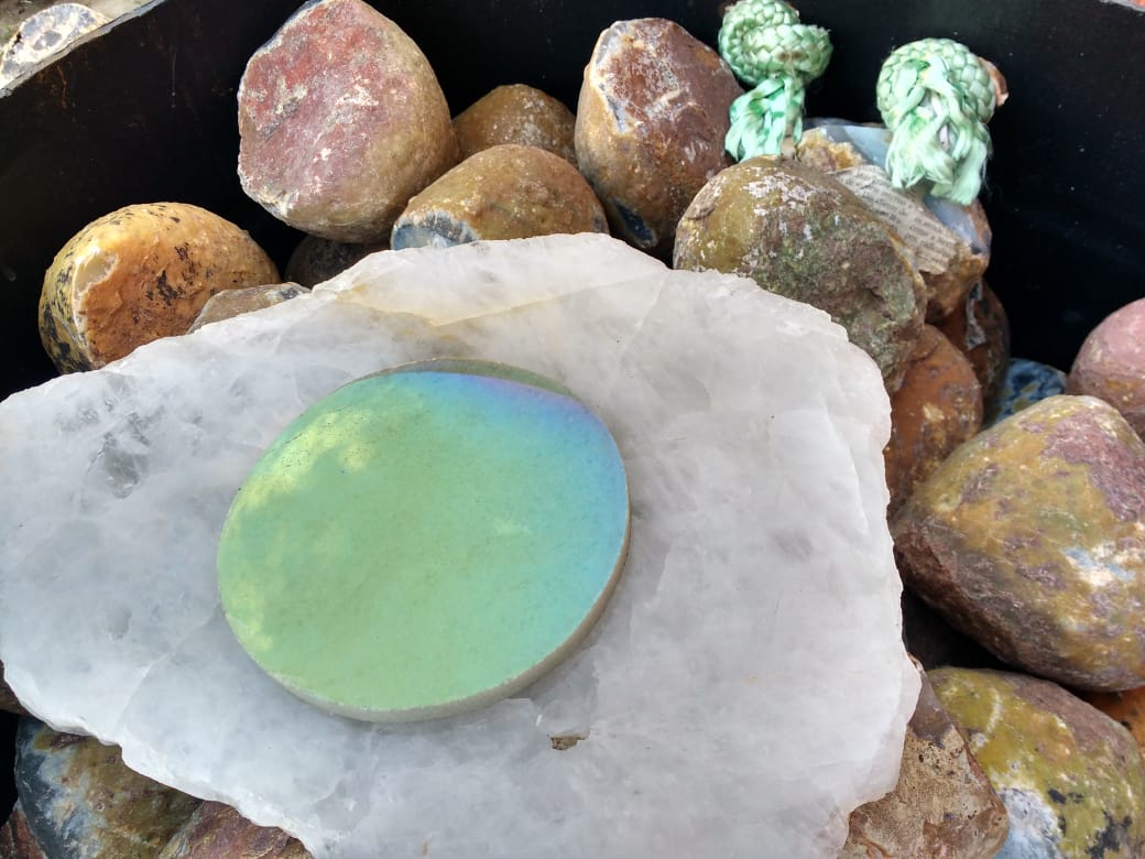 Stones from Uruguay - Angel Aura Titanium Coated Green Quartz Round Drink Coaster  for Meditation and  spiritual Practices