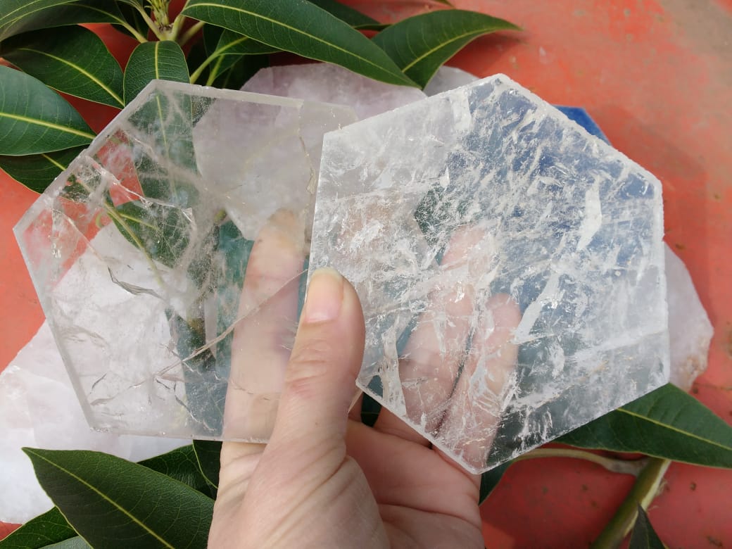 Stones from Uruguay - Clear Quartz Crystal Hexagon  Drink Coasters, 100-120mm