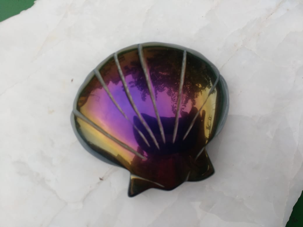 Stones from Uruguay - Angel Aura Titanium Coated Black Obsidiana Shell Cabochon  for Decoration, Gift, Reiki Grids and Home