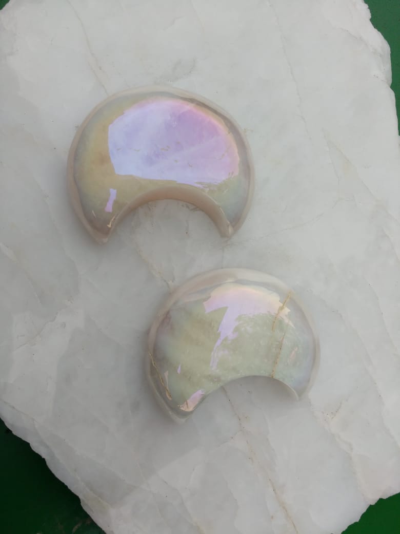 Stones from Uruguay - Angel Aura Titanium Treated Rose Quartz Half Moon Cabochon  for Crafting, Meditation, Spiritual Practices