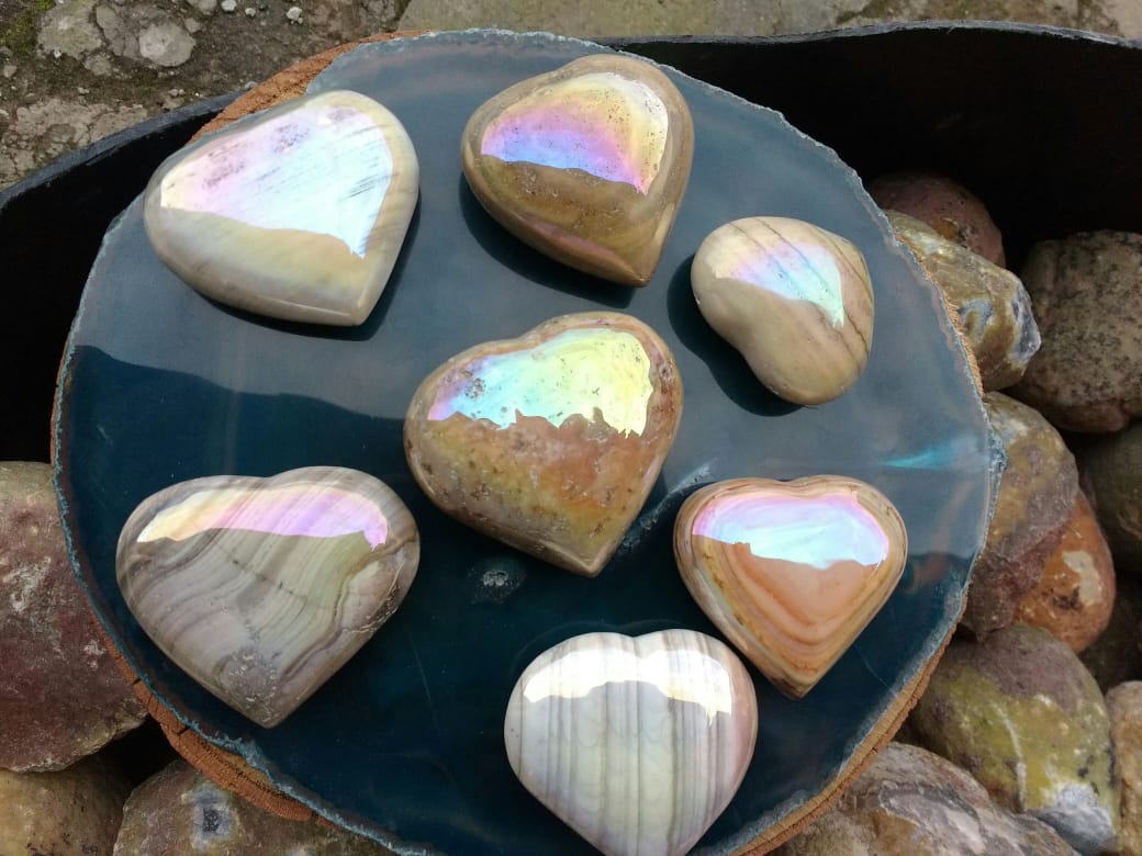 Stones from Uruguay - Polished Angel Aura Titanium Coated Pampa Cream Jasper Hearts