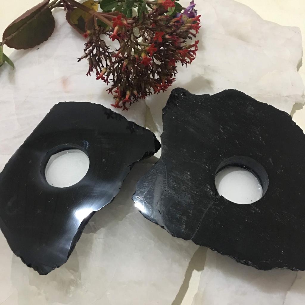 Stones from Uruguay - Polished Black Obsidian Candle Holder with Rough Edges and  polished Surface