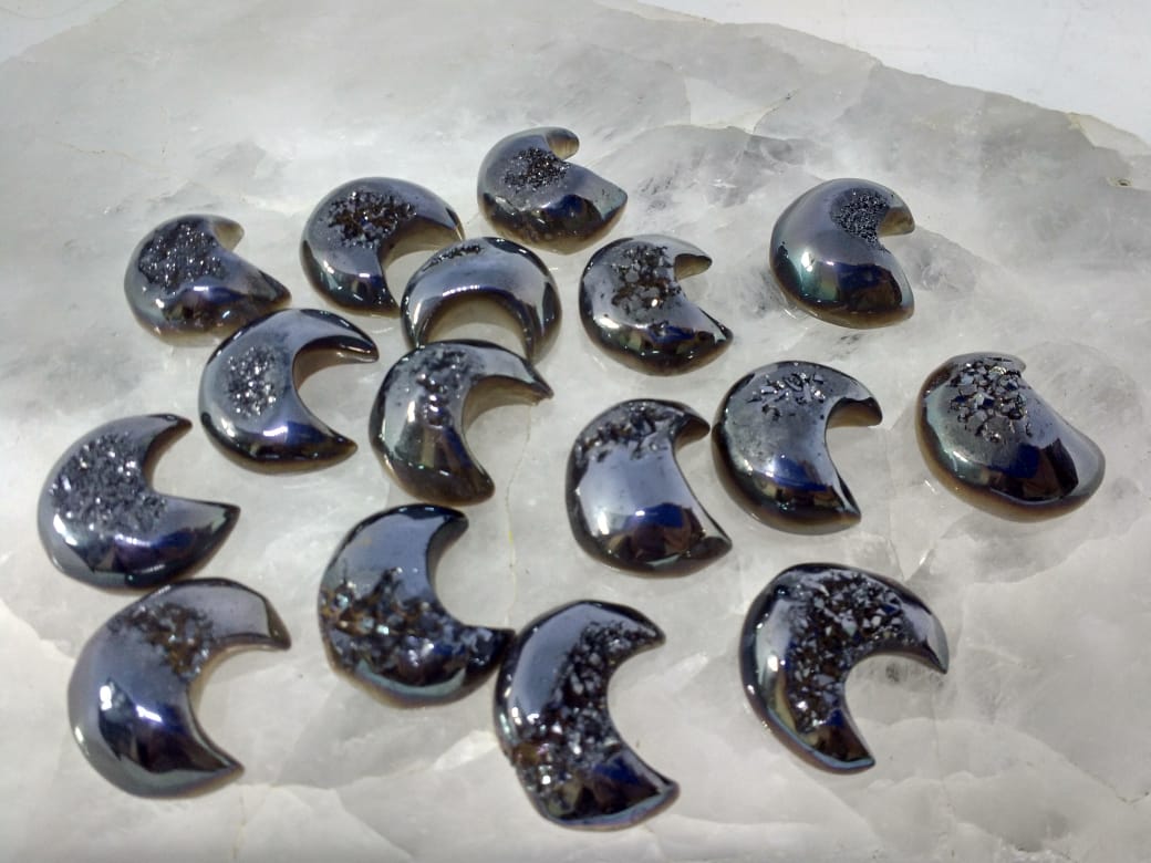 Stones from Uruguay - Black Coated Agate Druzy Half Moon Cabochons - Black Titanium Crescent Moon Agate Druzy Cabochon