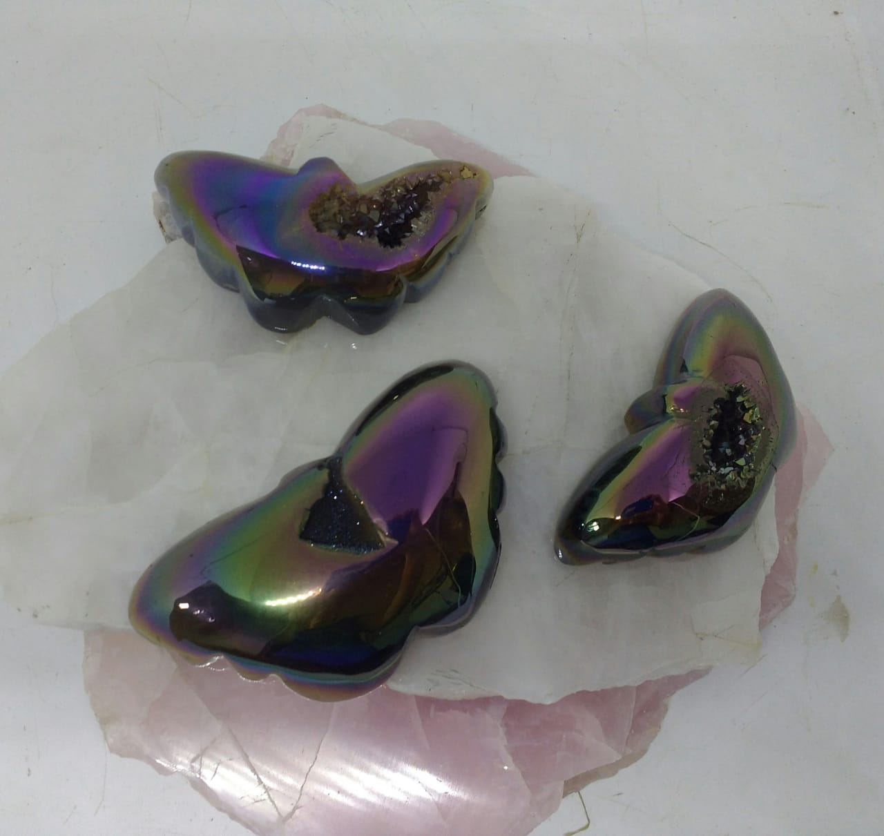 Stones from Uruguay - Rainbow Titanium Coated Agate Druzy Butterfly Cabochon, 70-100mm