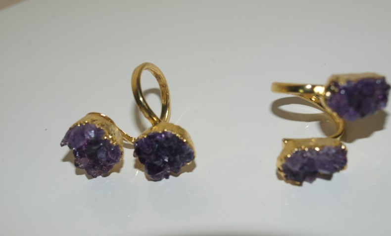 Stones from Uruguay - Double Amethyst Druzy Ring with  Gold Pating
